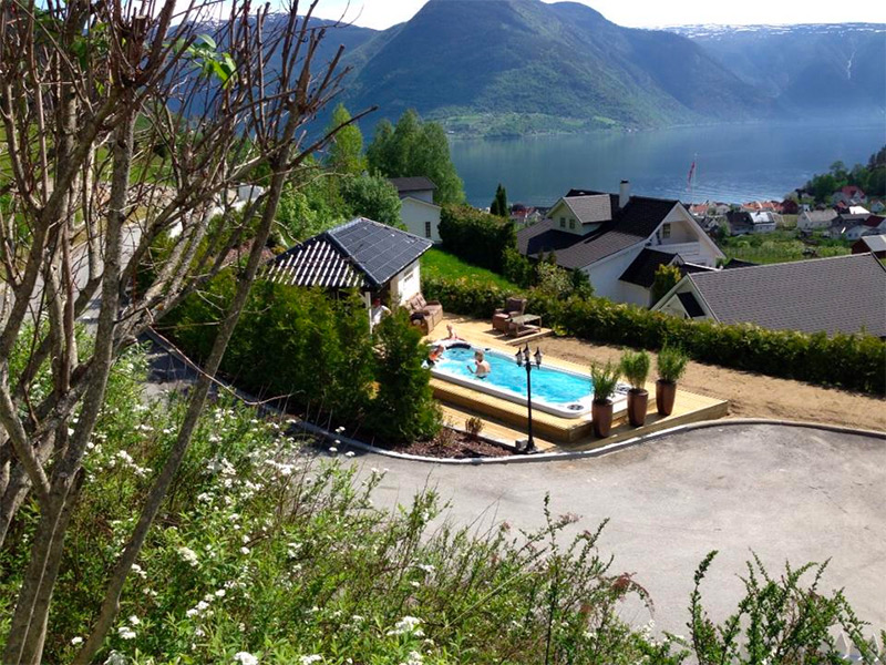 Swim Spa Overlooking Lake and Mountains